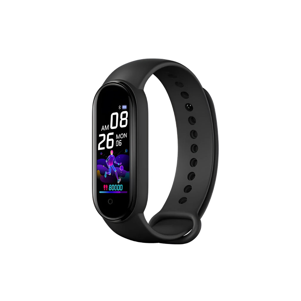 Black M5 smart fitness bracelet on a wrist, showing a 0.96-inch screen displaying heart rate data.
