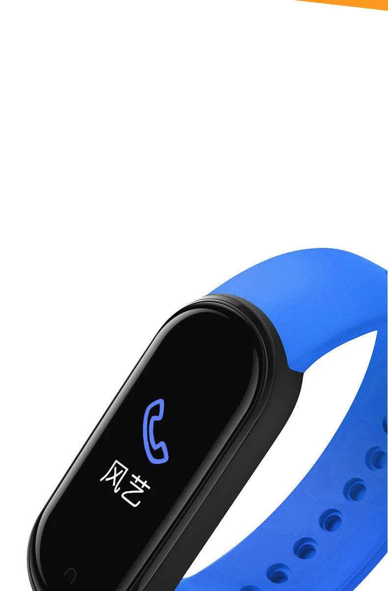 Black M5 smart fitness bracelet on a wrist, showing a 0.96-inch screen displaying heart rate data.