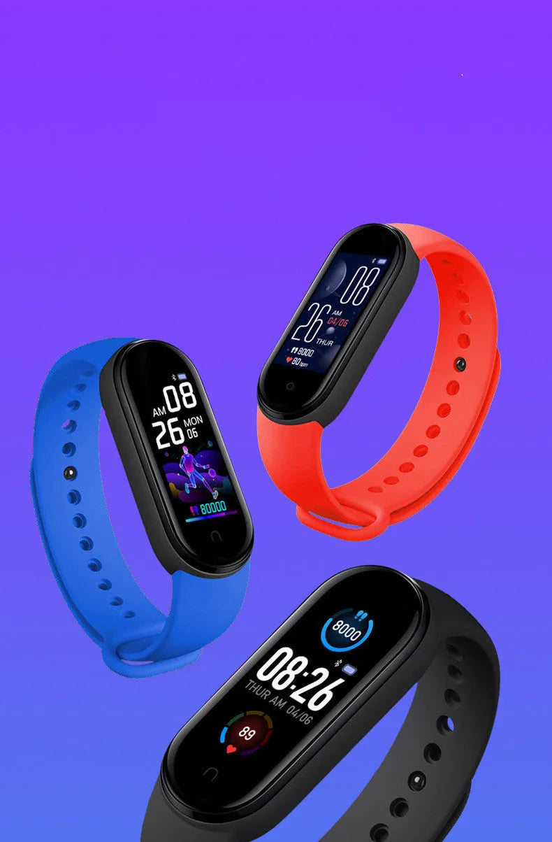 Black M5 smart fitness bracelet on a wrist, showing a 0.96-inch screen displaying heart rate data.