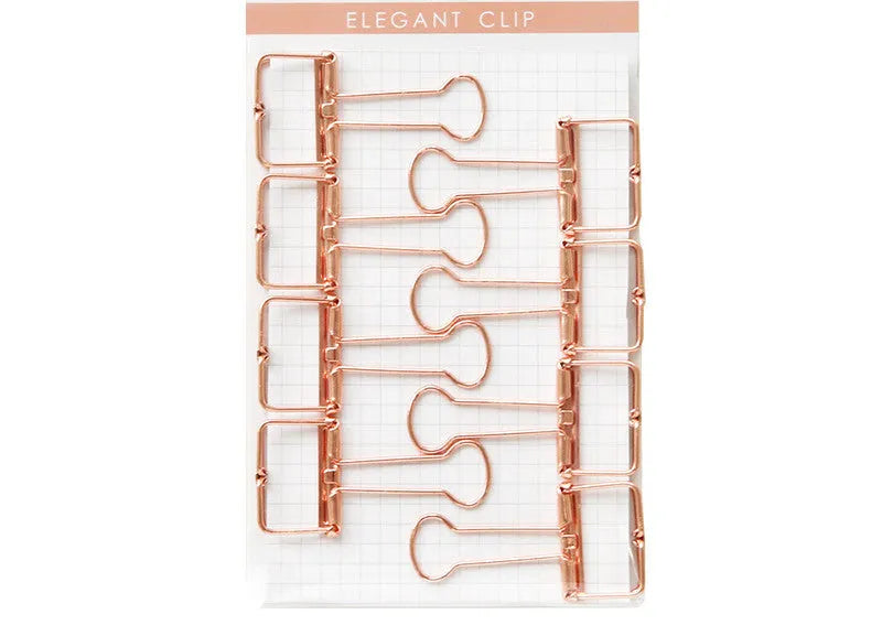 Rose gold metal binder set showing large and small folders with metal rings for tickets and papers.