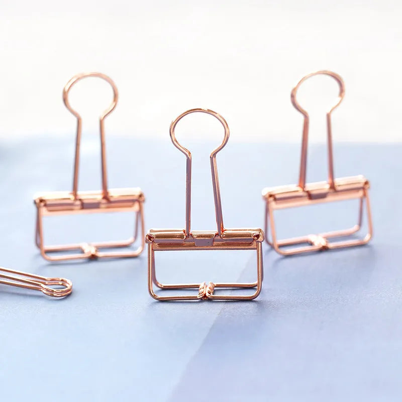 Rose gold metal binder set showing large and small folders with metal rings for tickets and papers.