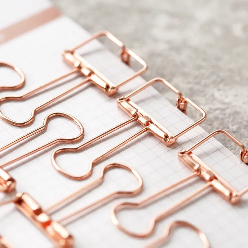 Rose gold metal binder set showing large and small folders with metal rings for tickets and papers.
