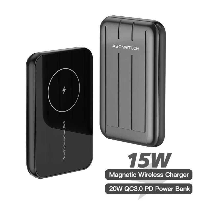 Blue magnetic wireless power bank for iPhone 12 with 5000mAh capacity and fast charging.