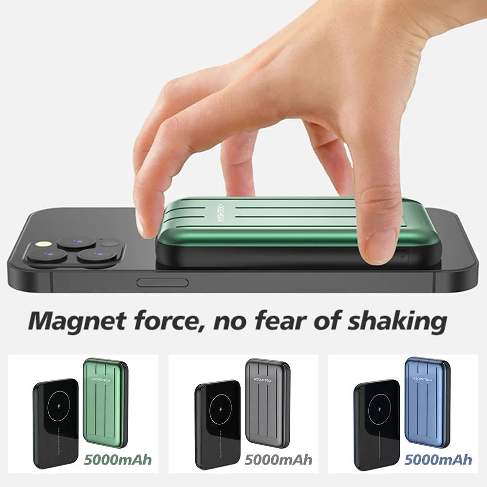 Blue magnetic wireless power bank for iPhone 12 with 5000mAh capacity and fast charging.