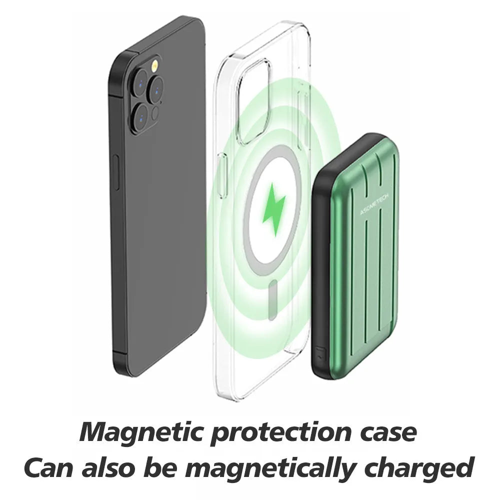 Blue magnetic wireless power bank for iPhone 12 with 5000mAh capacity and fast charging.