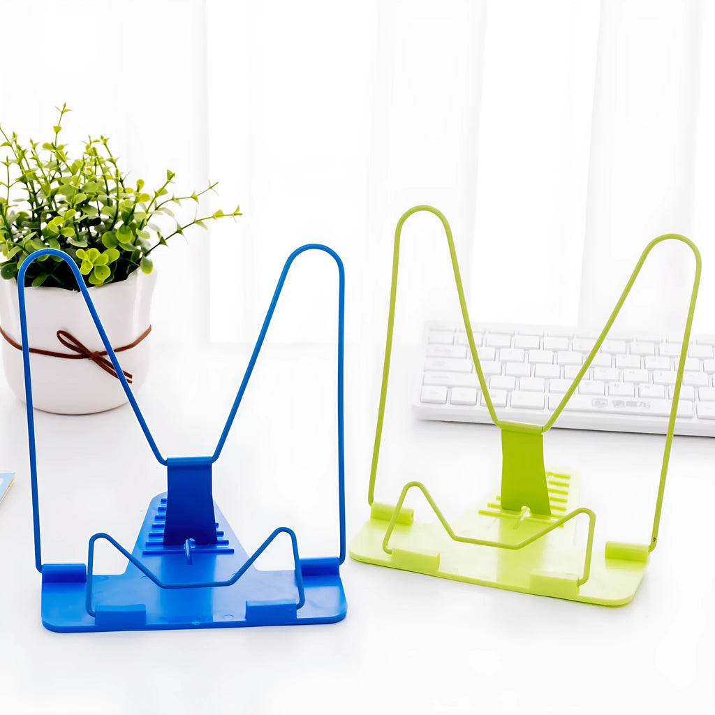 Blue metal and plastic reading frame holding book upright at angle on desk