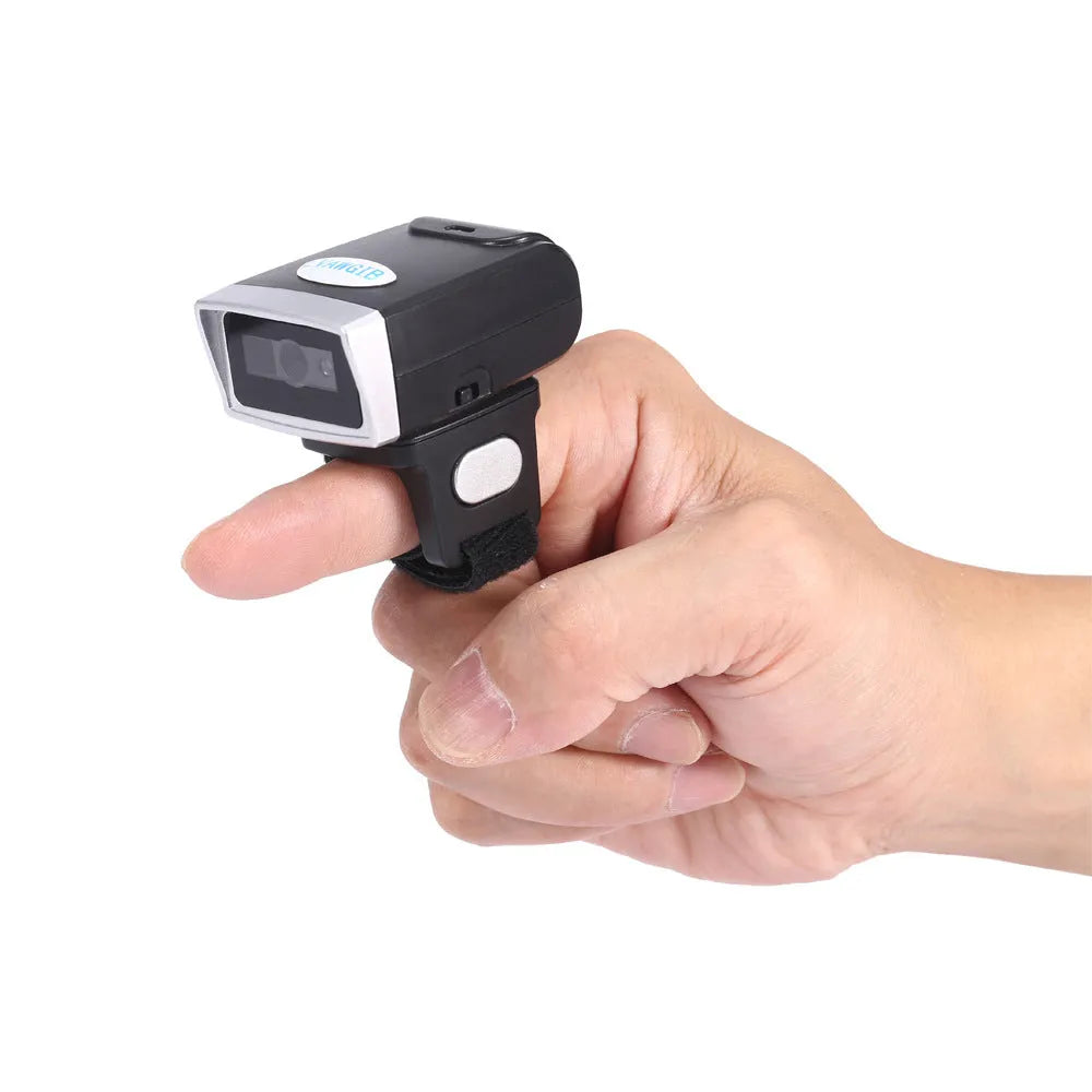 Black ring wearable Bluetooth barcode scanner on finger, compatible with Apple iOS and Android