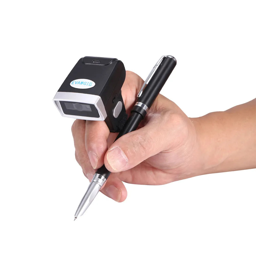 Black ring wearable Bluetooth barcode scanner on finger, compatible with Apple iOS and Android