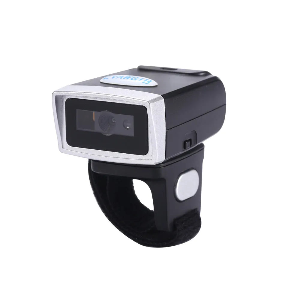 Black ring wearable Bluetooth barcode scanner on finger, compatible with Apple iOS and Android