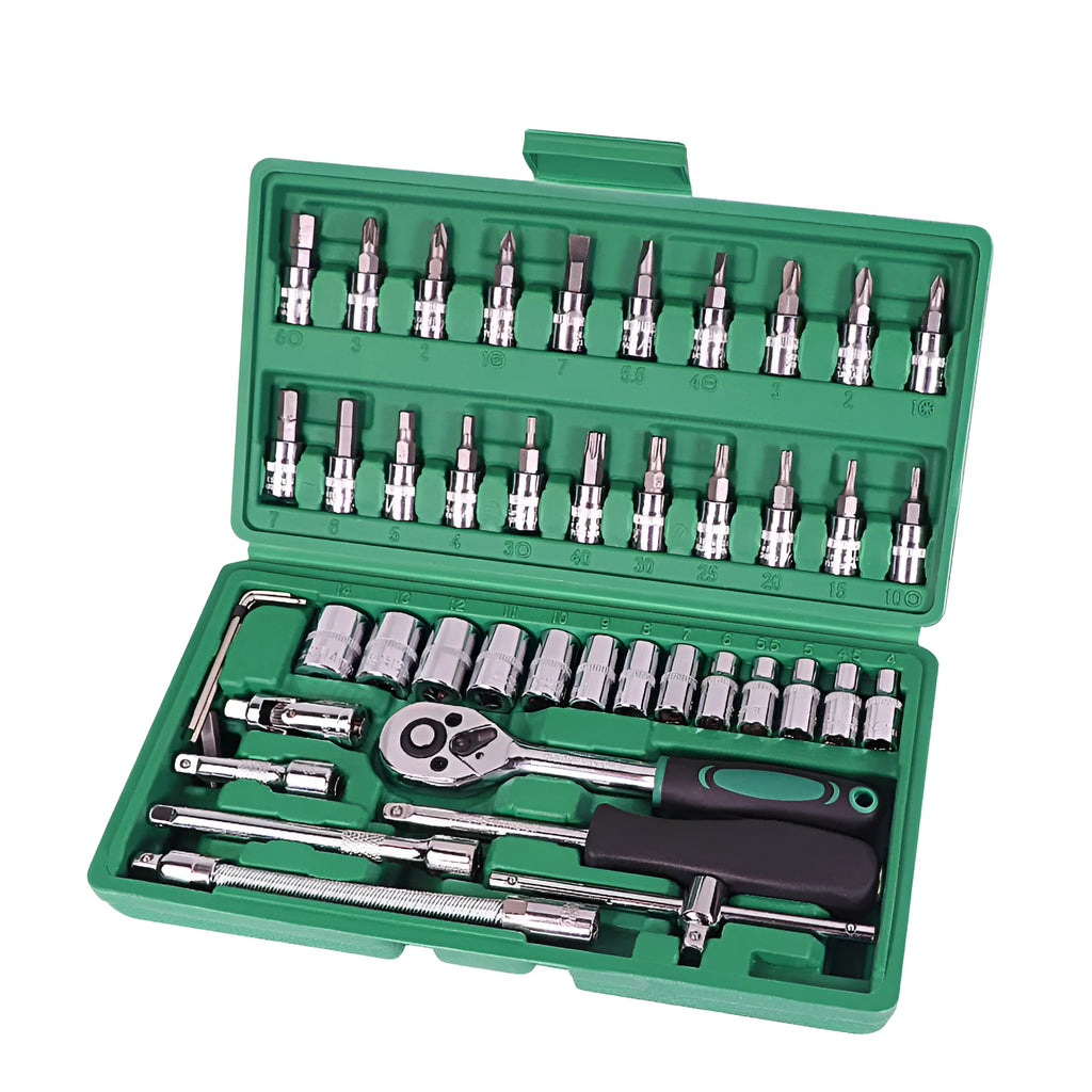 Green plastic box containing a 46-piece alloy steel socket and wrench tool set for car repair.