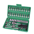 Green plastic box containing a 46-piece alloy steel socket and wrench tool set for car repair.