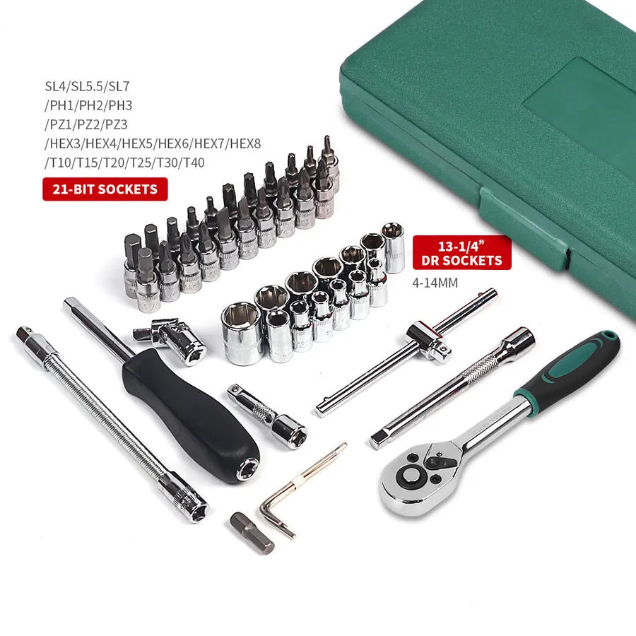 Green plastic box containing a 46-piece alloy steel socket and wrench tool set for car repair.