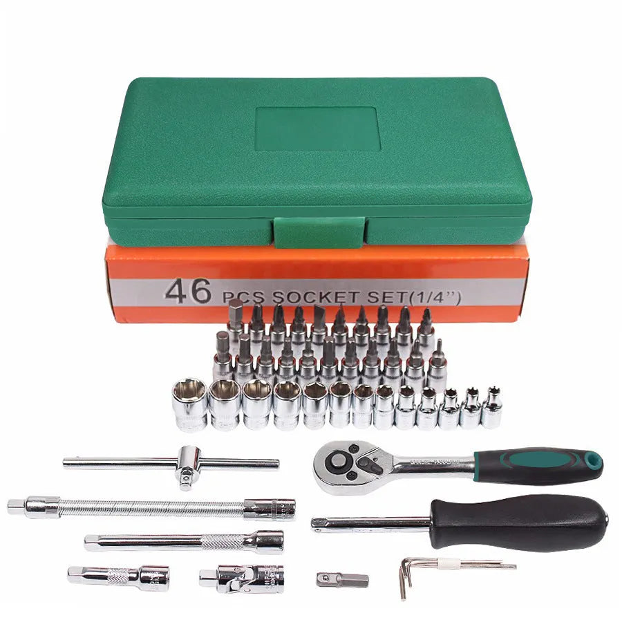 Green plastic box containing a 46-piece alloy steel socket and wrench tool set for car repair.