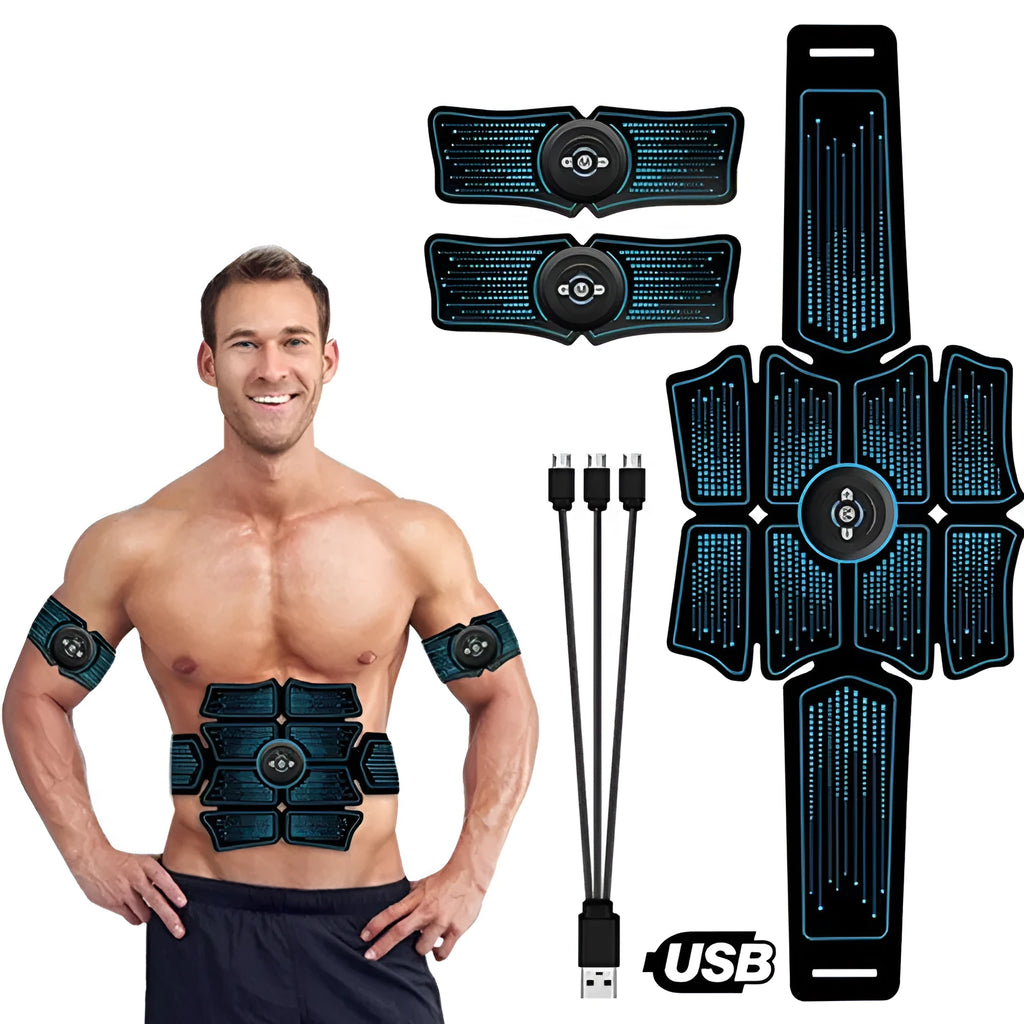 Rechargeable abdominal muscle fitness belt with EMS low frequency pulse, USB charging, black colour