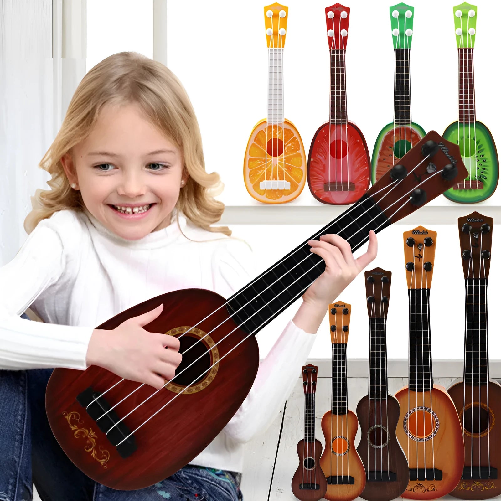 Children's plastic simulation ukulele toy measuring 38cm long with retro guitar styling