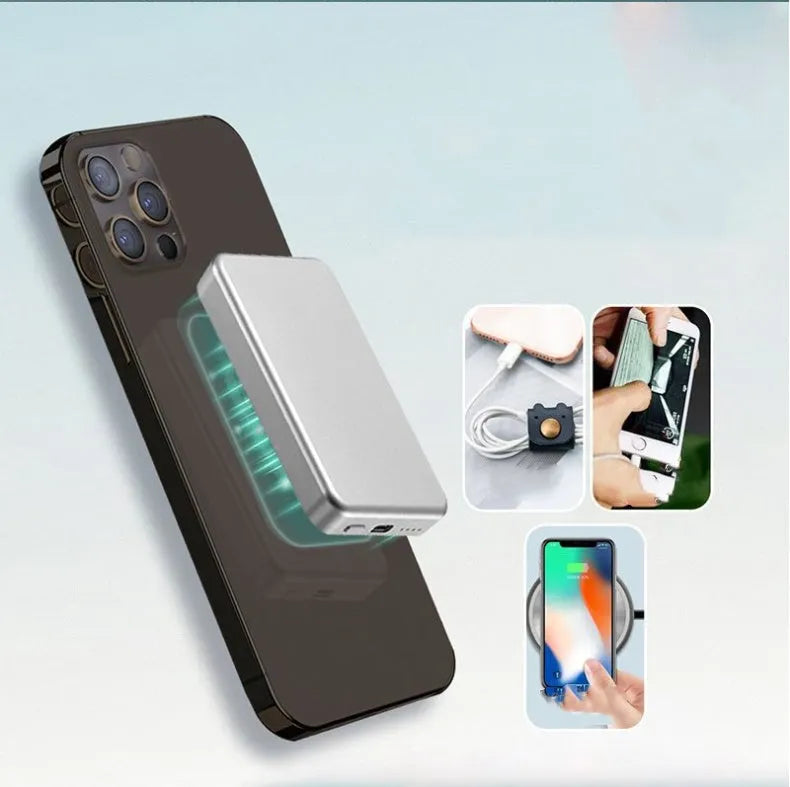 Silver aluminium wireless magnetic charging power bank showing USB-C port and MagSafe ring.