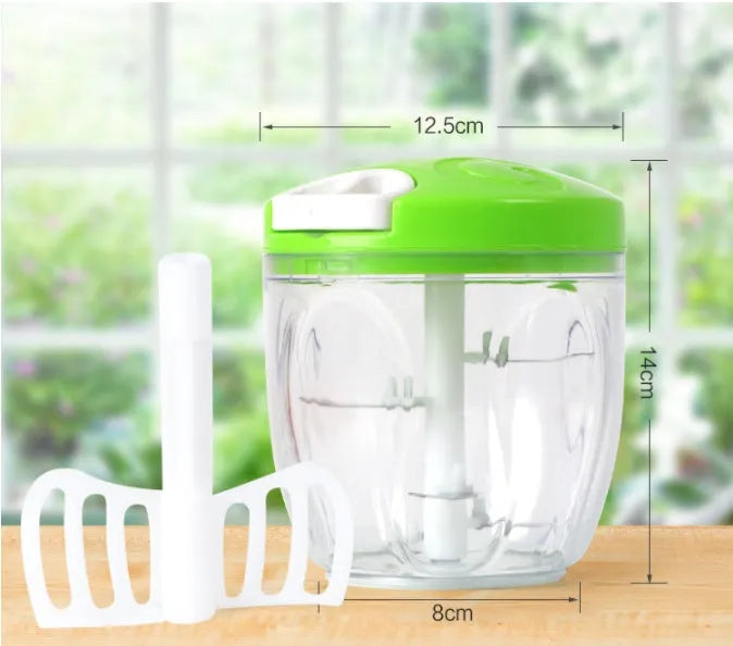 Green manual kitchen chopper with three stainless steel blades and 500ml container for vegetables and meats