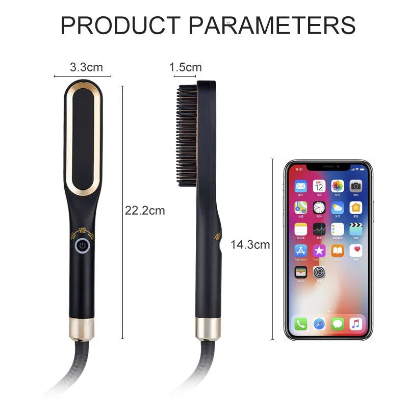 Mini hair straightener brush in gold with tourmaline ceramic heat conductor, suitable for dry and wet hair
