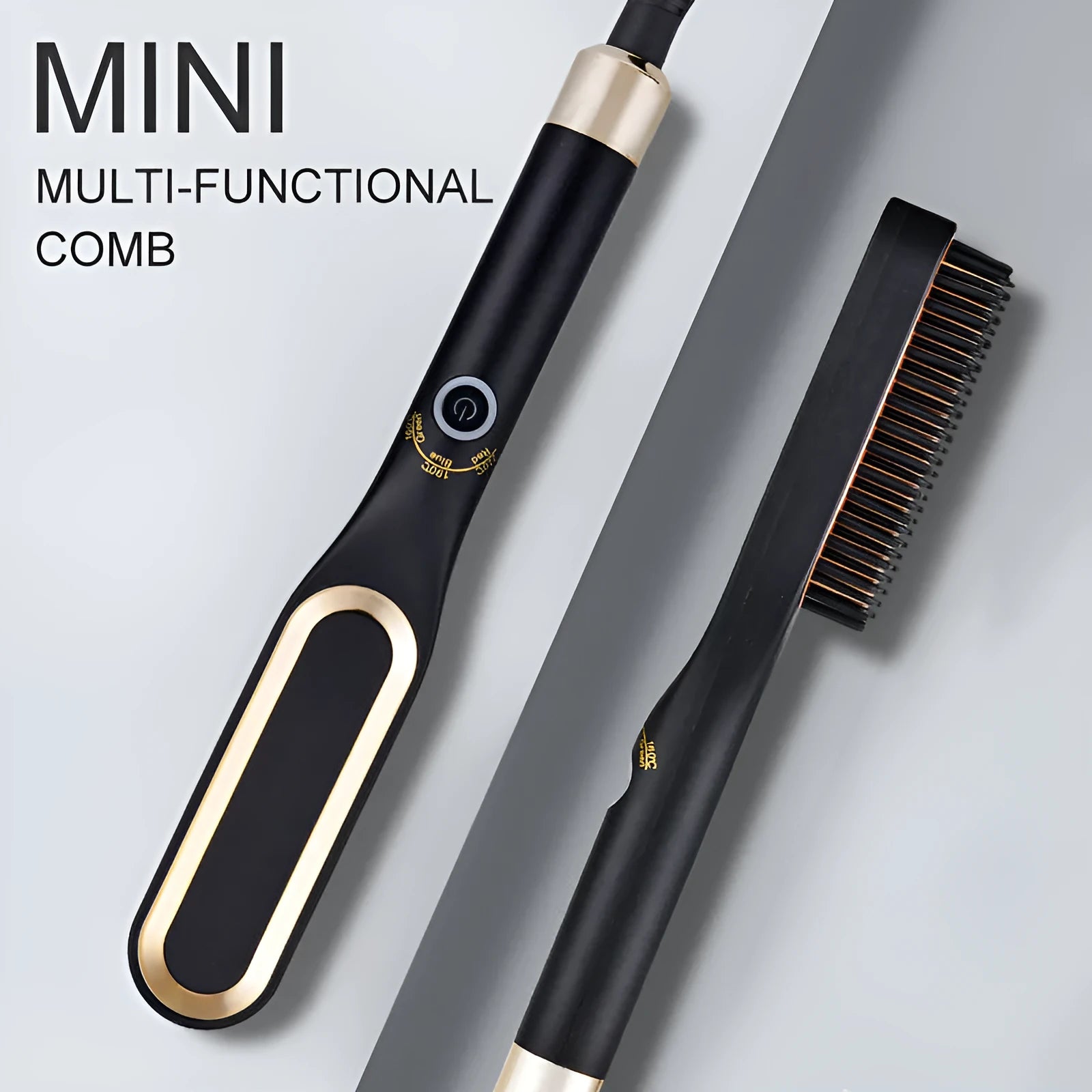Mini hair straightener brush in gold with tourmaline ceramic heat conductor, suitable for dry and wet hair