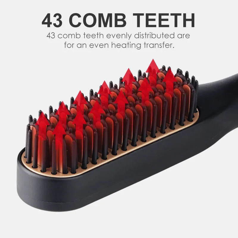 Mini hair straightener brush in gold with tourmaline ceramic heat conductor, suitable for dry and wet hair