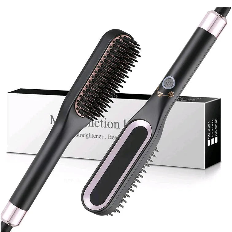 Mini hair straightener brush in gold with tourmaline ceramic heat conductor, suitable for dry and wet hair