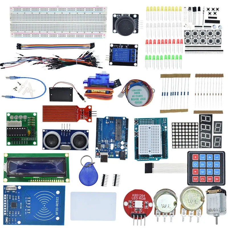 White plastic box containing Arduino Uno R3 RFID starter kit with electronic components