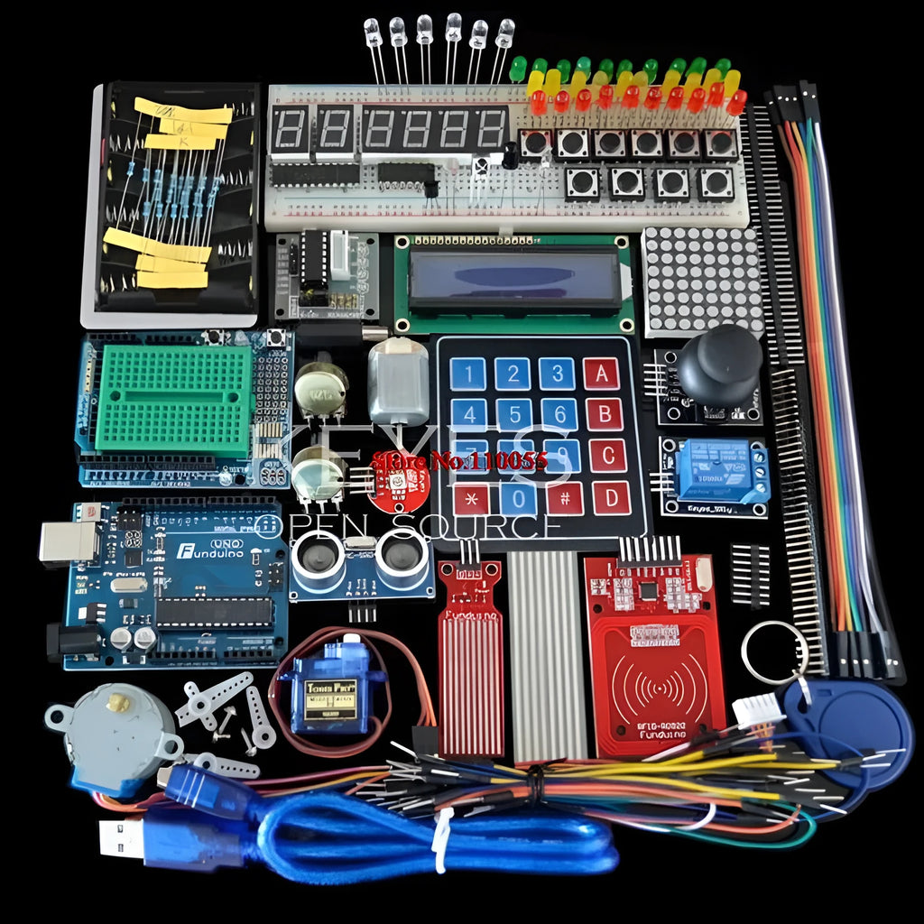 White plastic box containing Arduino Uno R3 RFID starter kit with electronic components