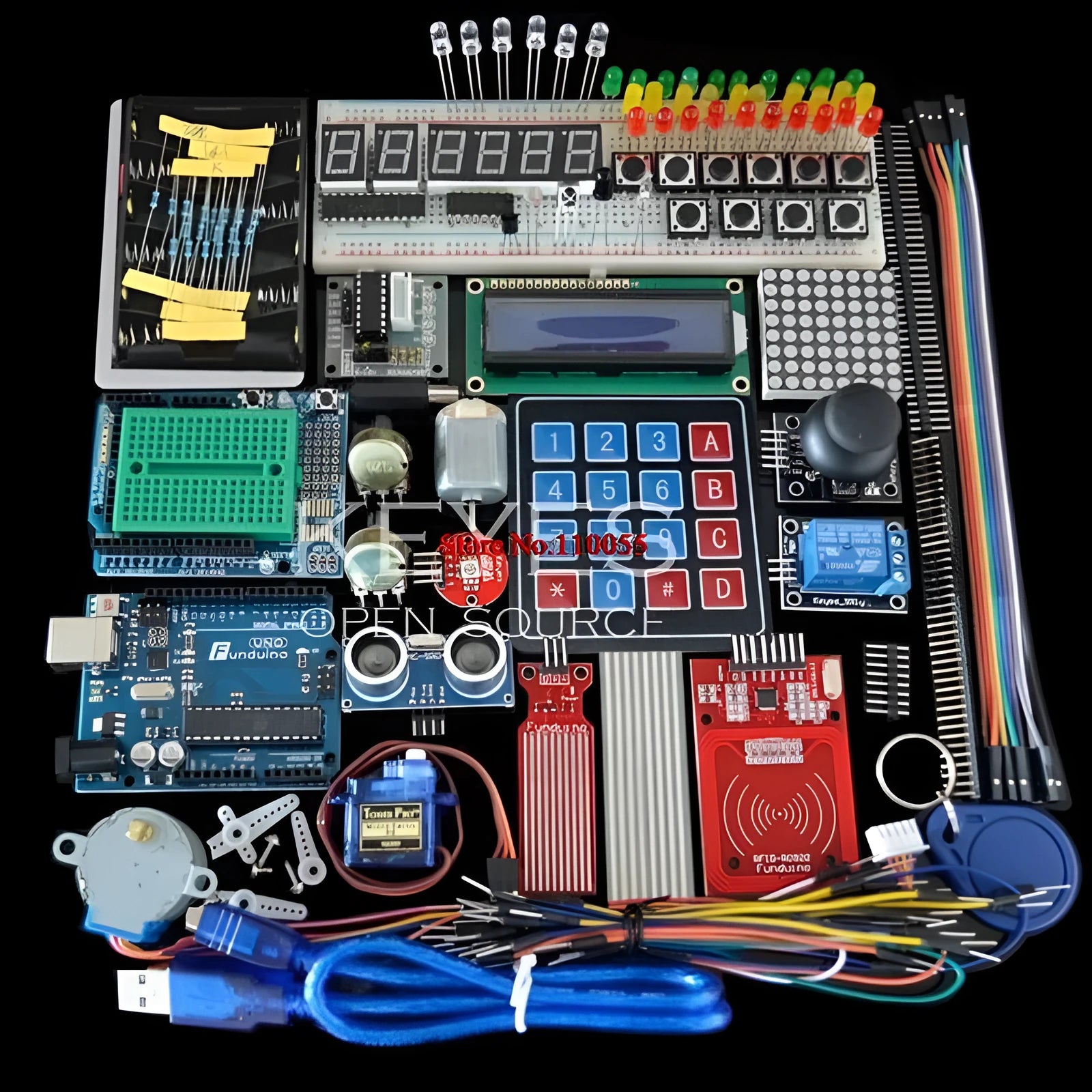 White plastic box containing Arduino Uno R3 RFID starter kit with electronic components