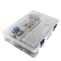 White plastic box containing Arduino Uno R3 RFID starter kit with electronic components