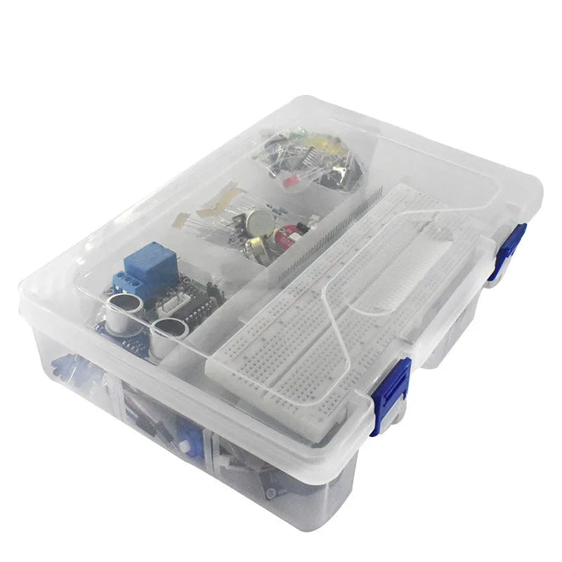 White plastic box containing Arduino Uno R3 RFID starter kit with electronic components