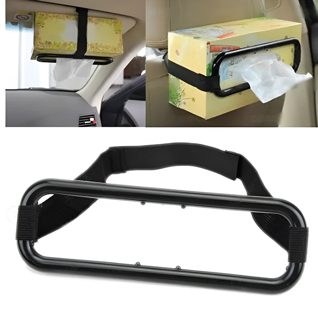 Black ABS car tissue holder measuring 21.5cm x 7cm for sun visor or seat back use