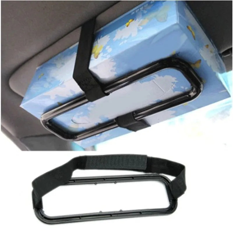 Black ABS car tissue holder measuring 21.5cm x 7cm for sun visor or seat back use