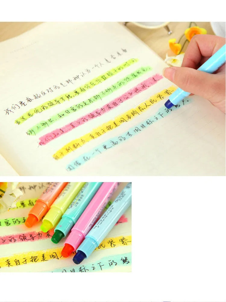 A solid highlighter marker pen with a round tip and connectable plastic body sections, shown in a 6-colour set.