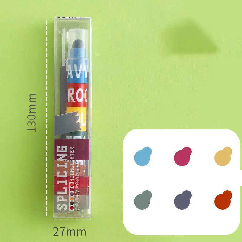 A solid highlighter marker pen with a round tip and connectable plastic body sections, shown in a 6-colour set.