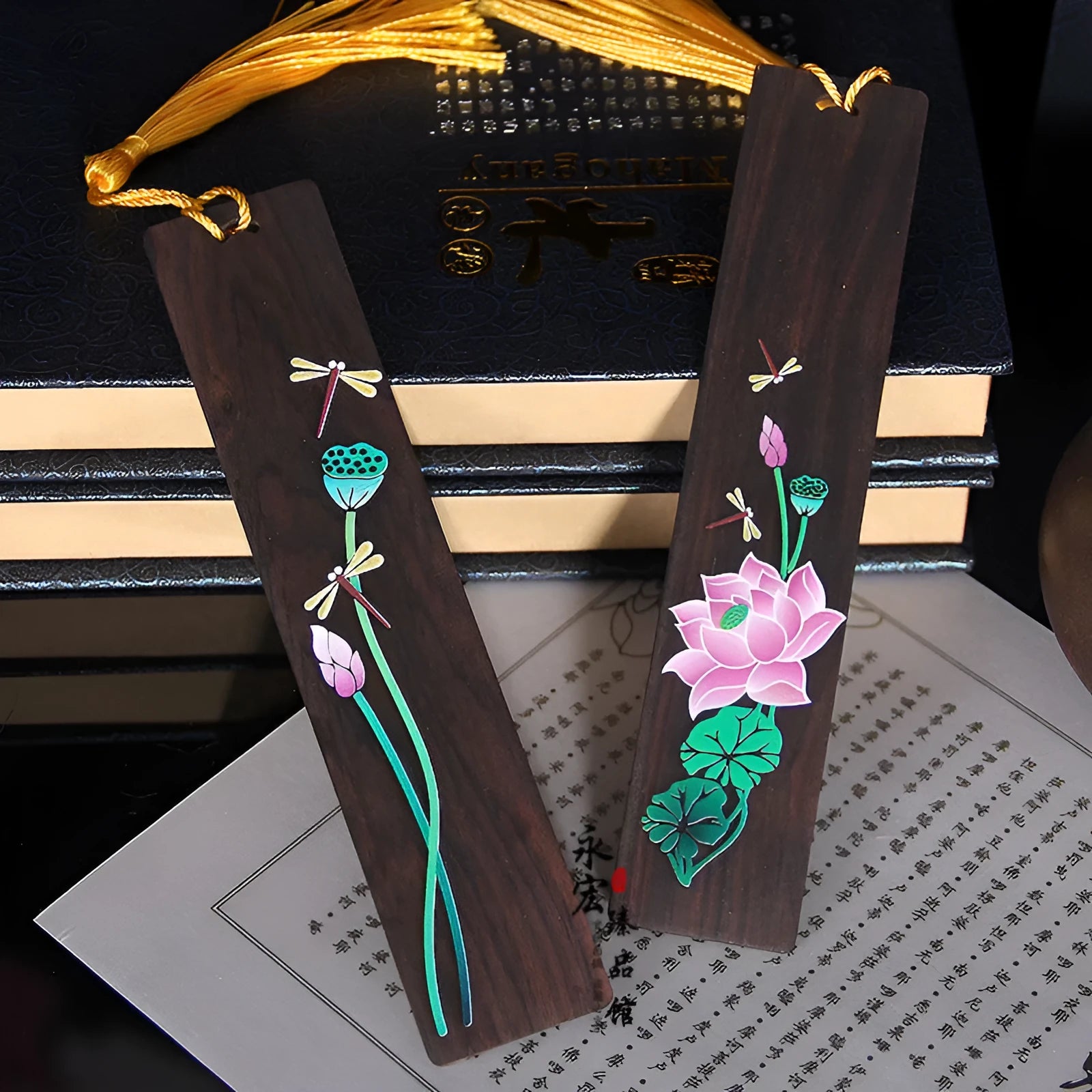 Chinese sandalwood bookmark with painted landscape flower pattern and polished wood finish