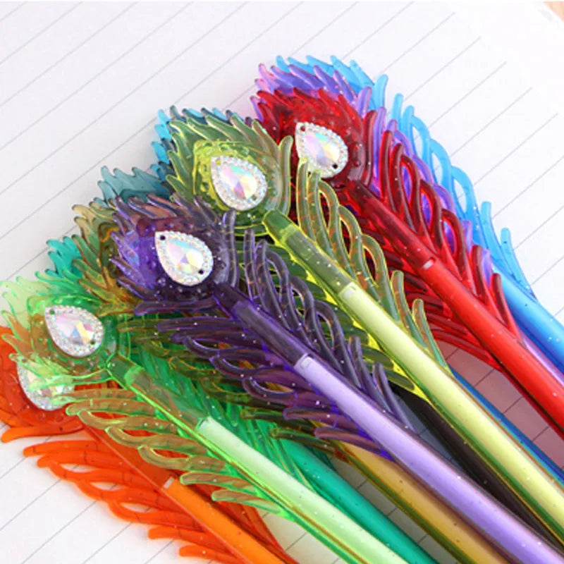 Feather peacock design 12-colour gel pen set with replaceable refills measuring 19cm