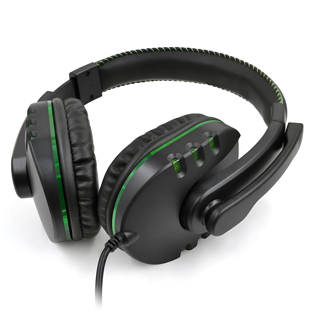 Black AMD-06 wired gaming headset with LED lighting and microphone on a desk
