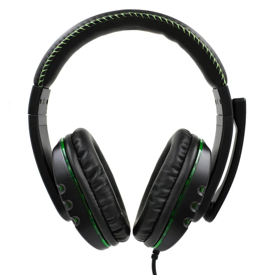 Black AMD-06 wired gaming headset with LED lighting and microphone on a desk