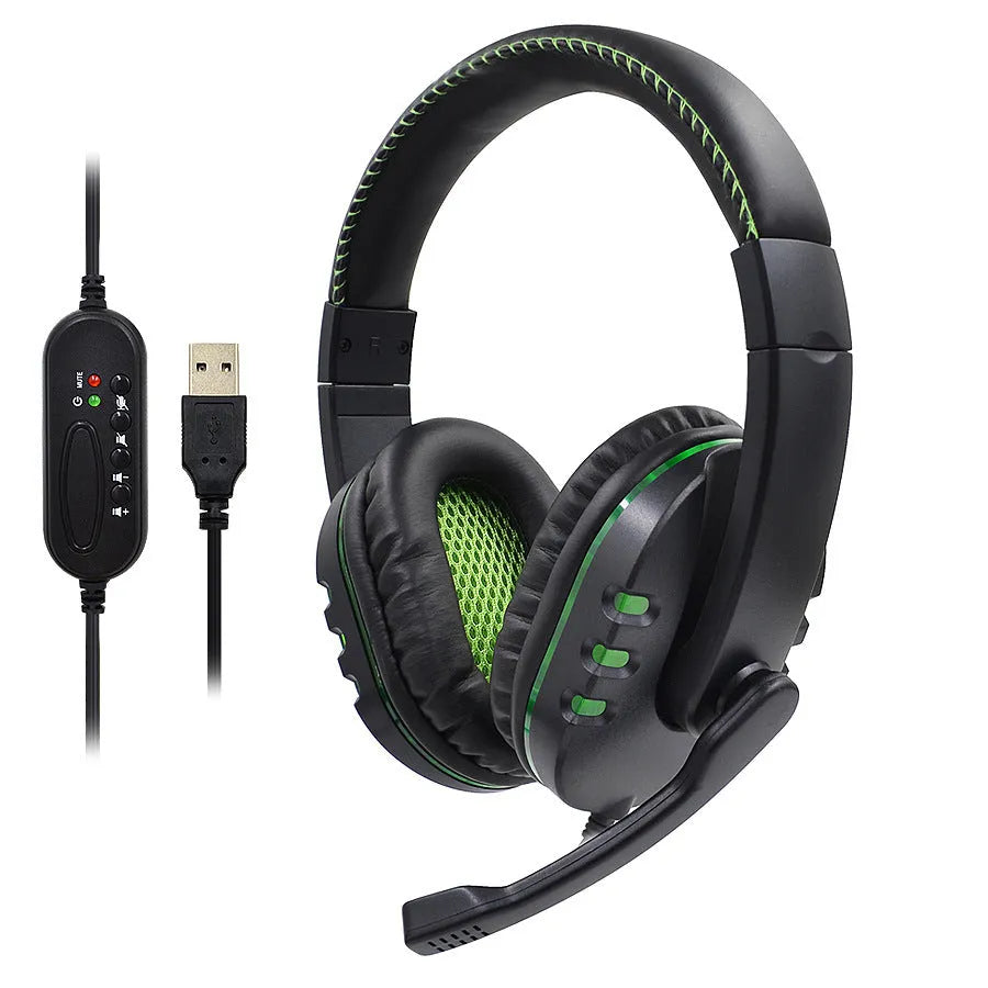 Black AMD-06 wired gaming headset with LED lighting and microphone on a desk