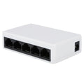 White 5-port 100 Mbps Ethernet switch with compact dimensions and Ethernet cables connected