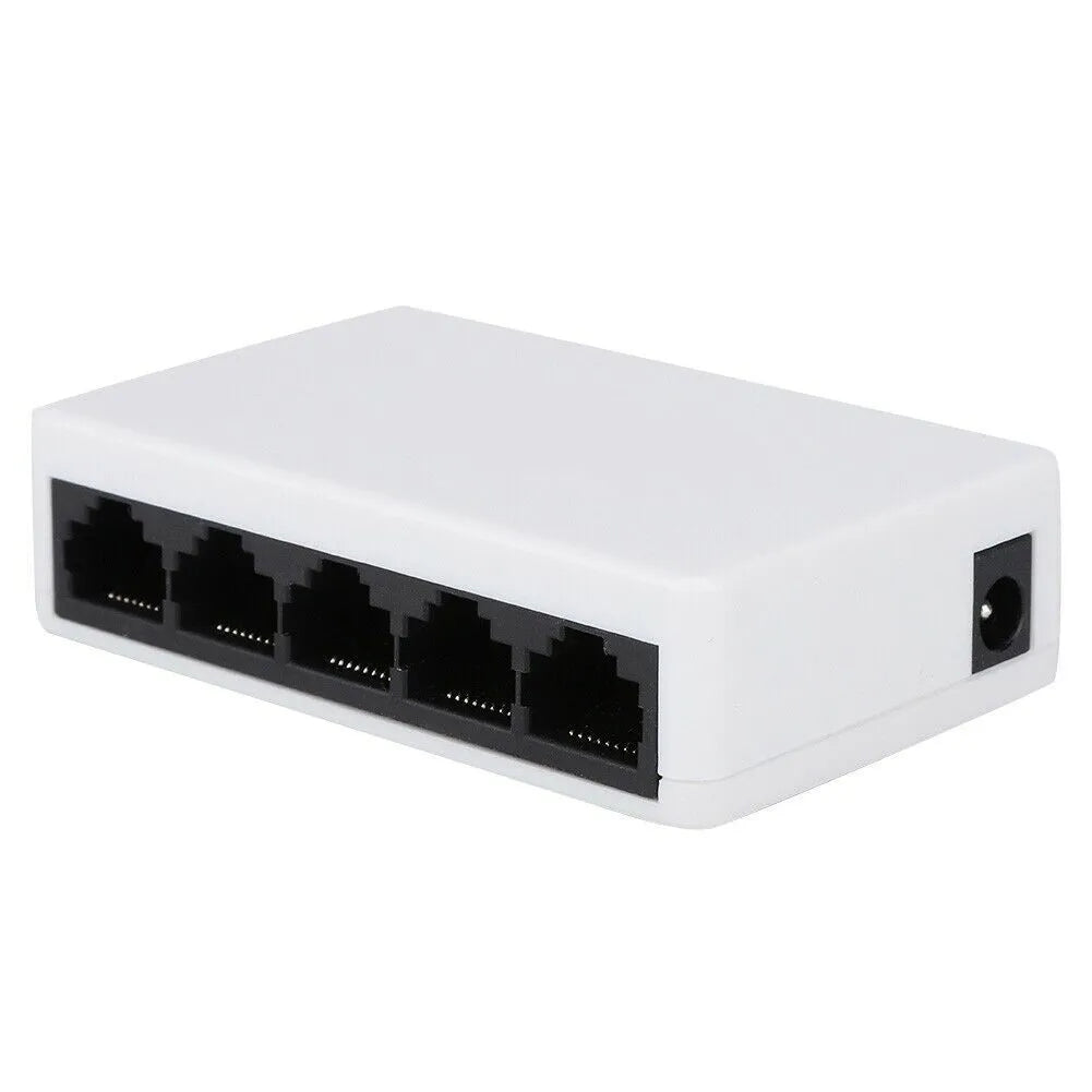 White 5-port 100 Mbps Ethernet switch with compact dimensions and Ethernet cables connected