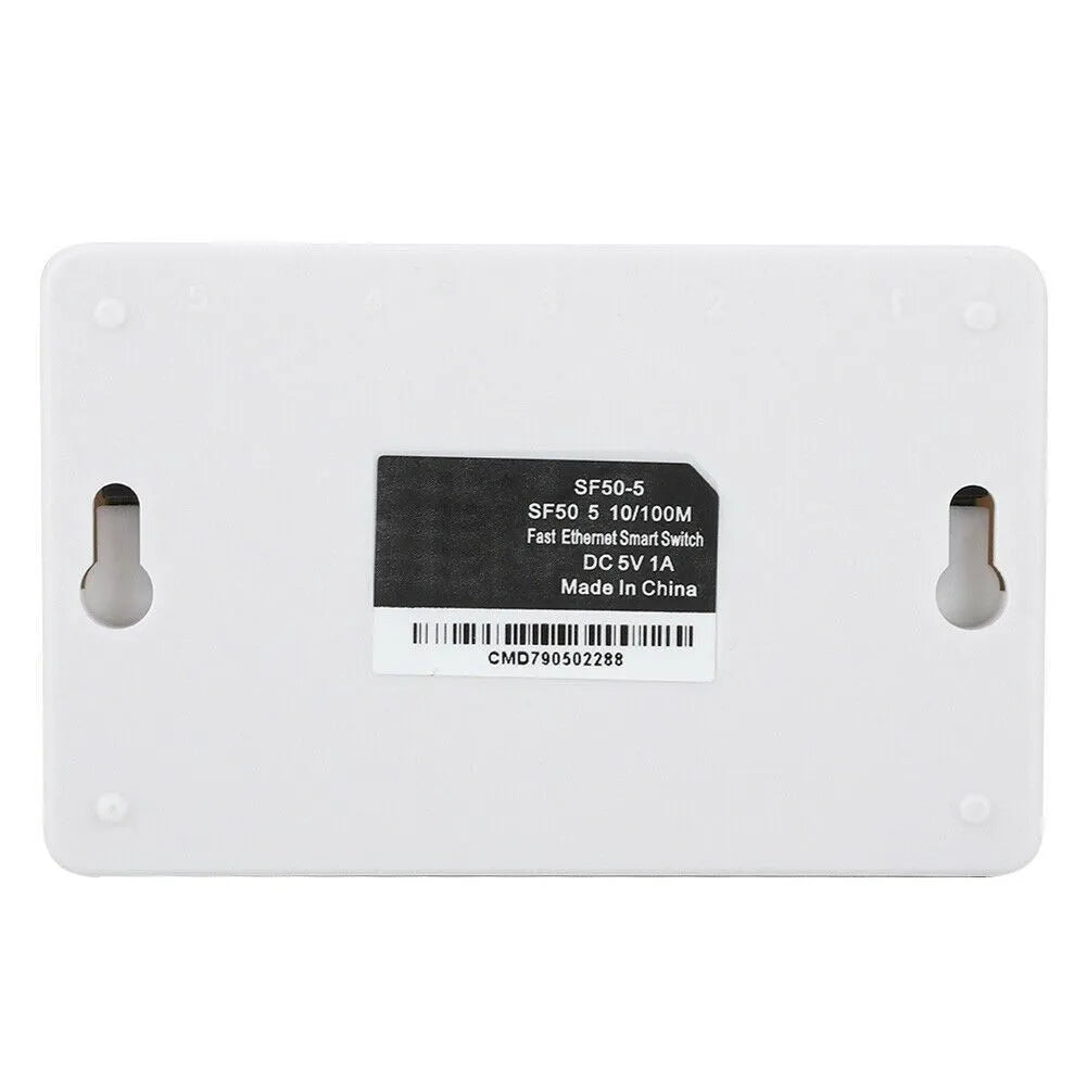 White 5-port 100 Mbps Ethernet switch with compact dimensions and Ethernet cables connected