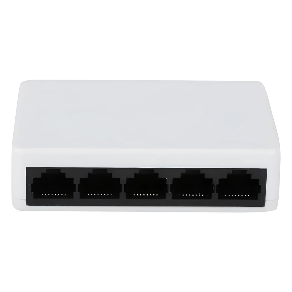 White 5-port 100 Mbps Ethernet switch with compact dimensions and Ethernet cables connected