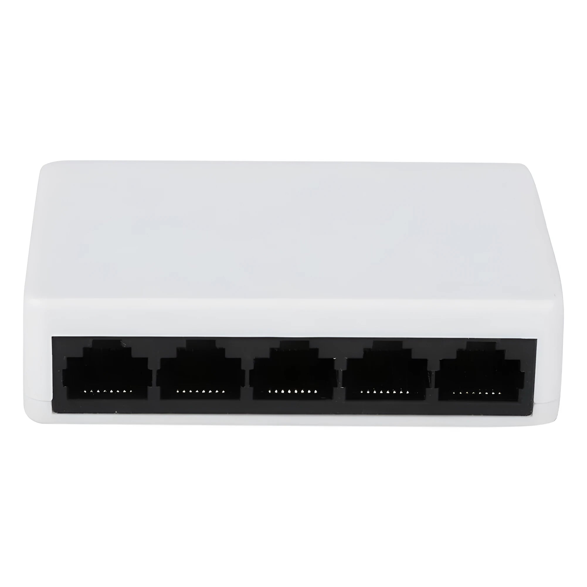 White 5-port 100 Mbps Ethernet switch with compact dimensions and Ethernet cables connected
