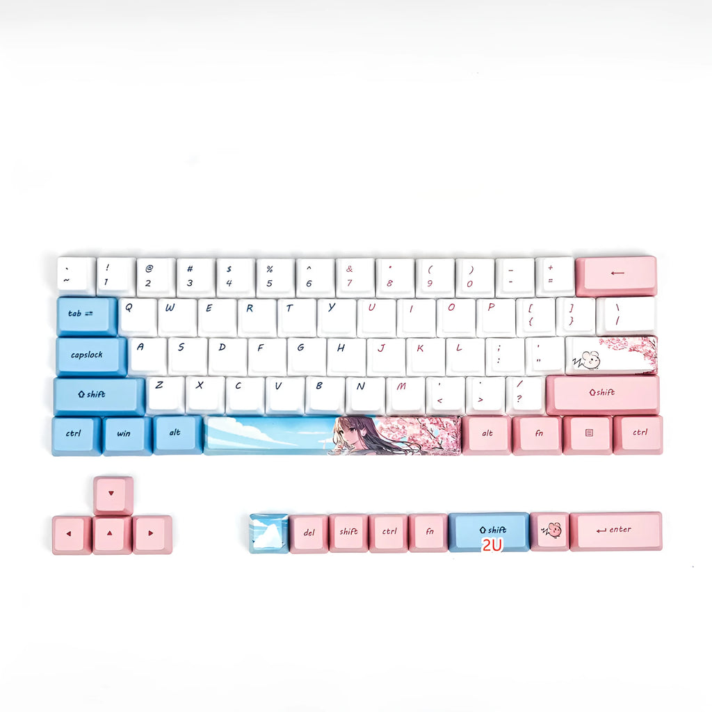 PBT sublimation keycaps with cherry blossom girl cartoon art for GK61 mechanical keyboard