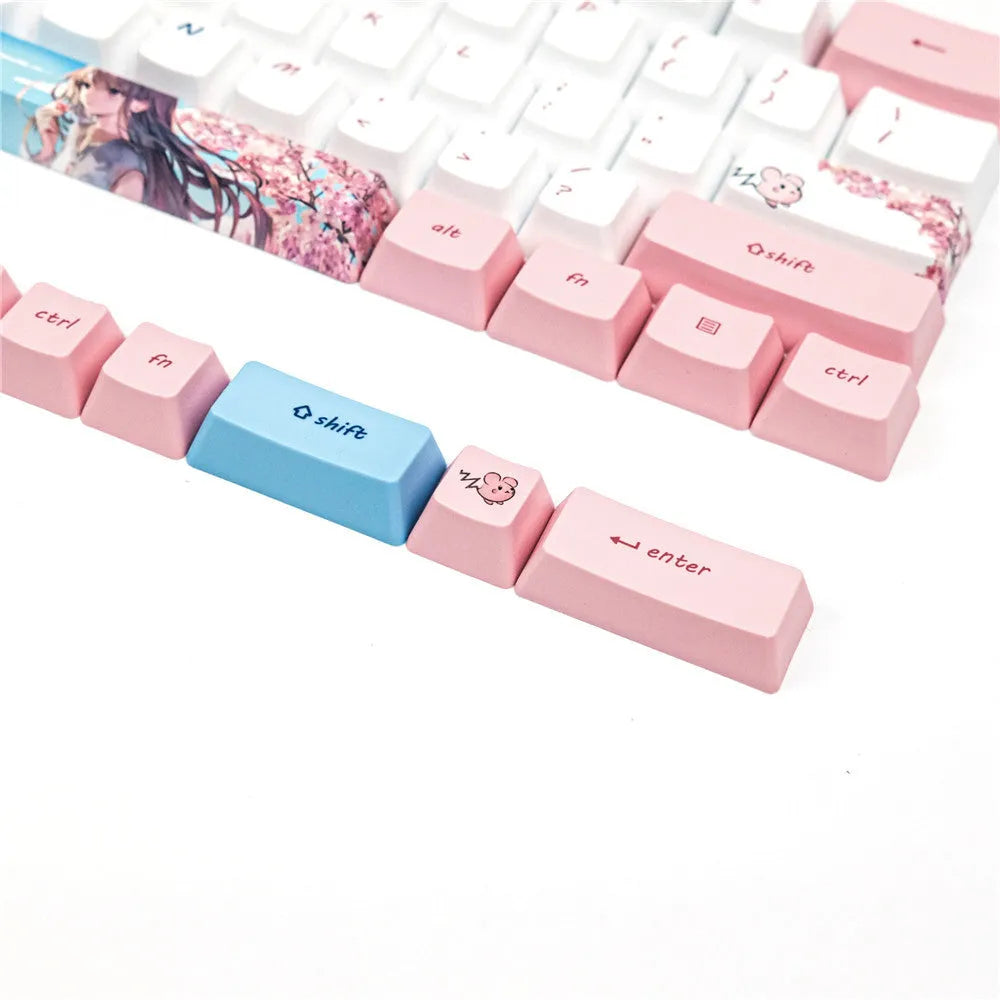 PBT sublimation keycaps with cherry blossom girl cartoon art for GK61 mechanical keyboard