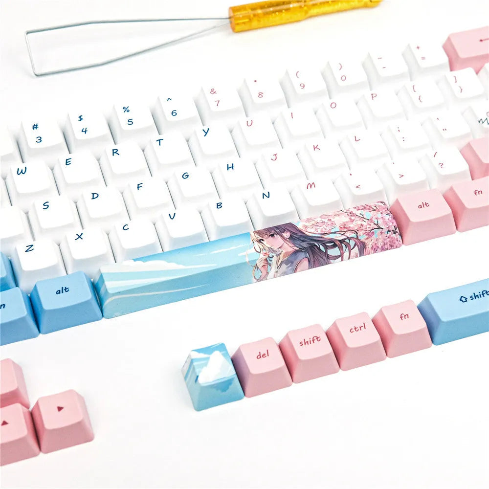 PBT sublimation keycaps with cherry blossom girl cartoon art for GK61 mechanical keyboard