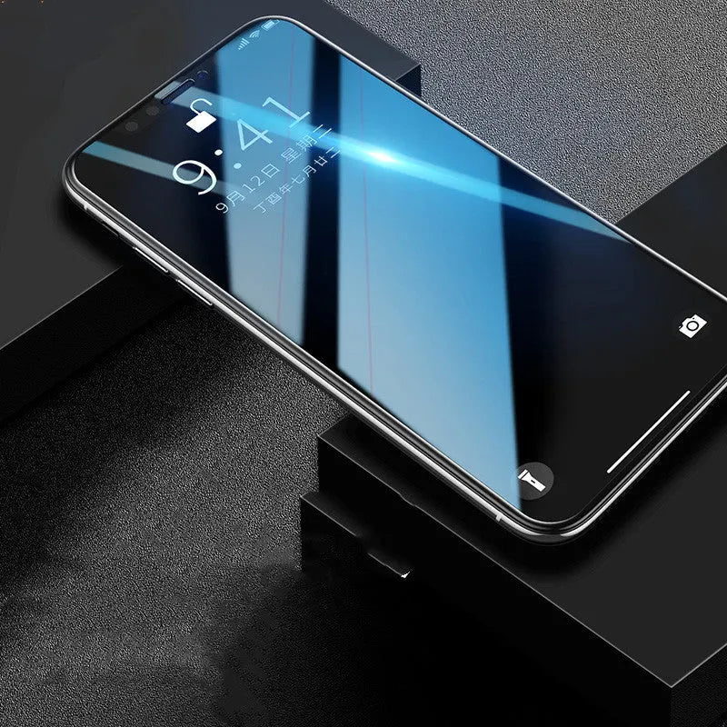 Tempered glass screen protector for iPhone in black, transparent, and white colour options.