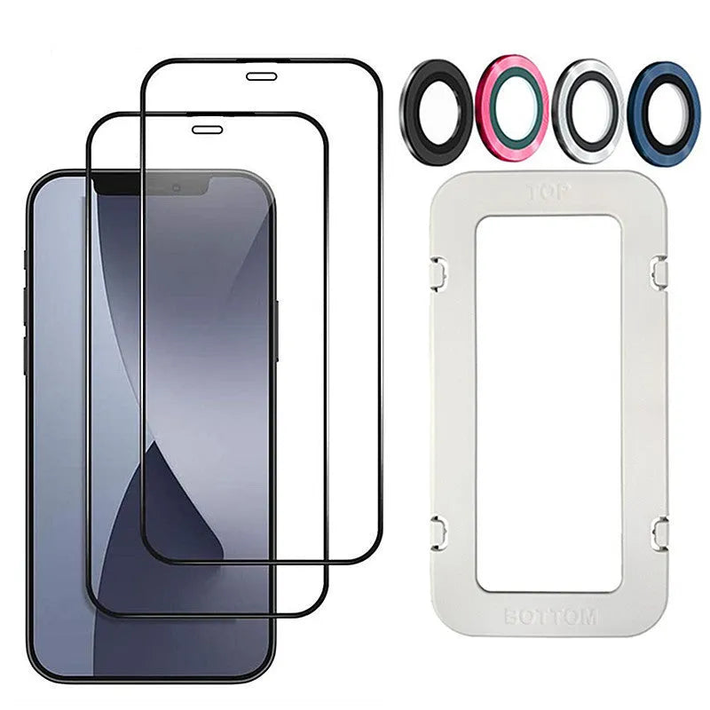 Tempered glass screen protector for iPhone in black, transparent, and white colour options.