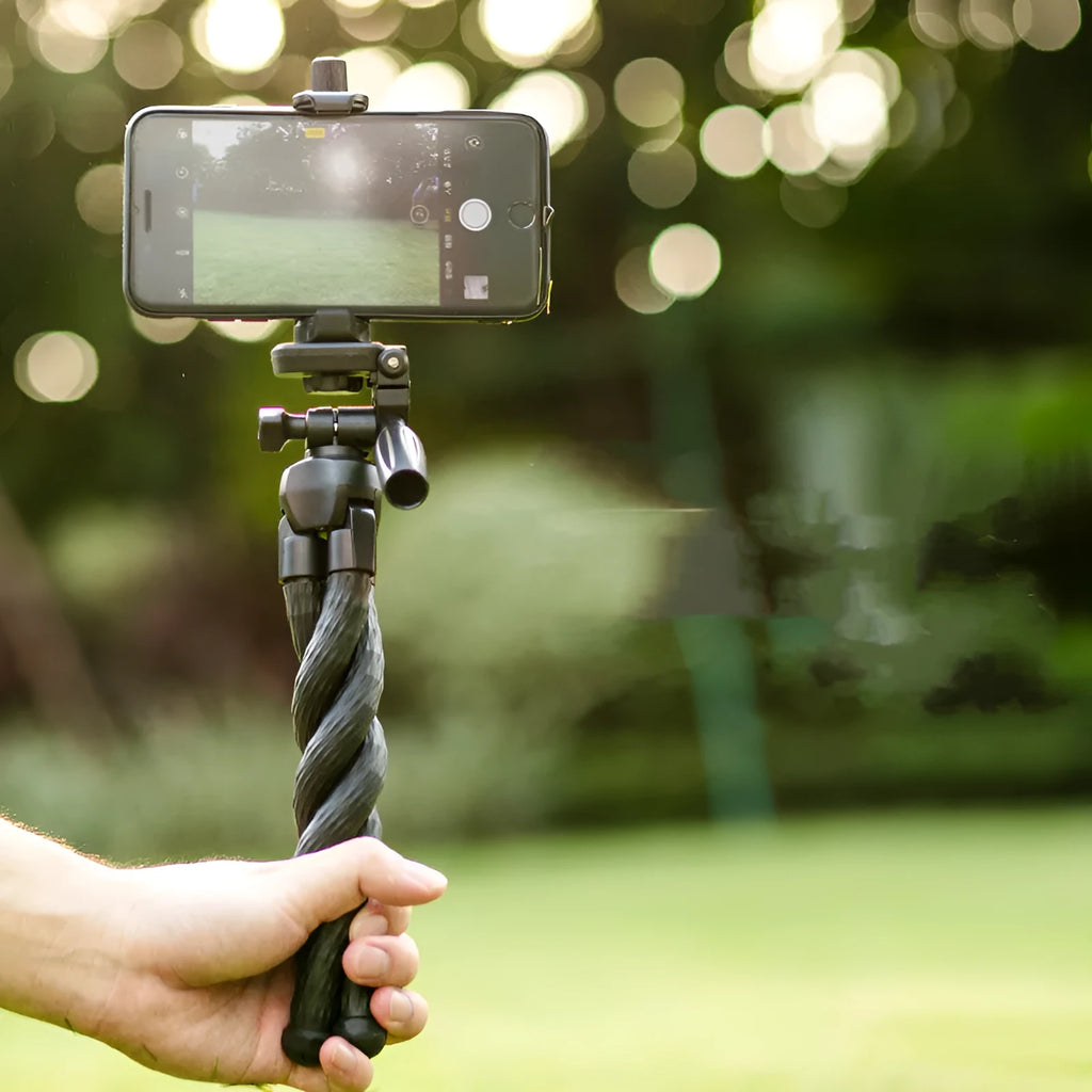 Octopus tripod phone holder with flexible rubber legs and large phone holder, compatible with iPhone.